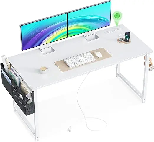 Small Desk with Power Outlets and USB Port Computer Desk for Home Office Gaming Simple Modern Style Writing Desks with Storage
