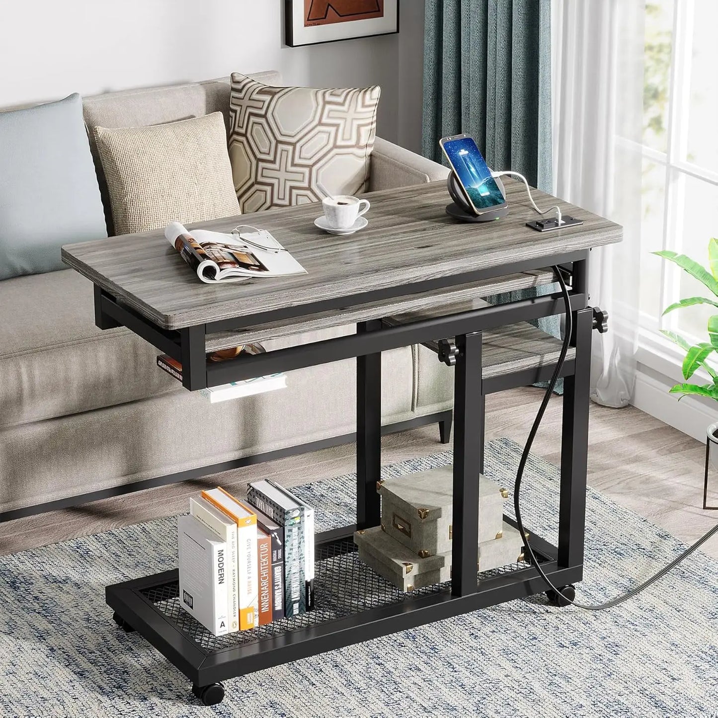 Small Portable Desk with Power Outlet, Height Adjustable Sofa Couch Bedside Laptop Table with Wheels,