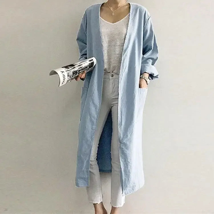 New 2025 Women's Simple Temperament Cardigan Solid Long Trench Coats Fashion Casual V-neck Kimono Tops Women Long Jackets Robe
