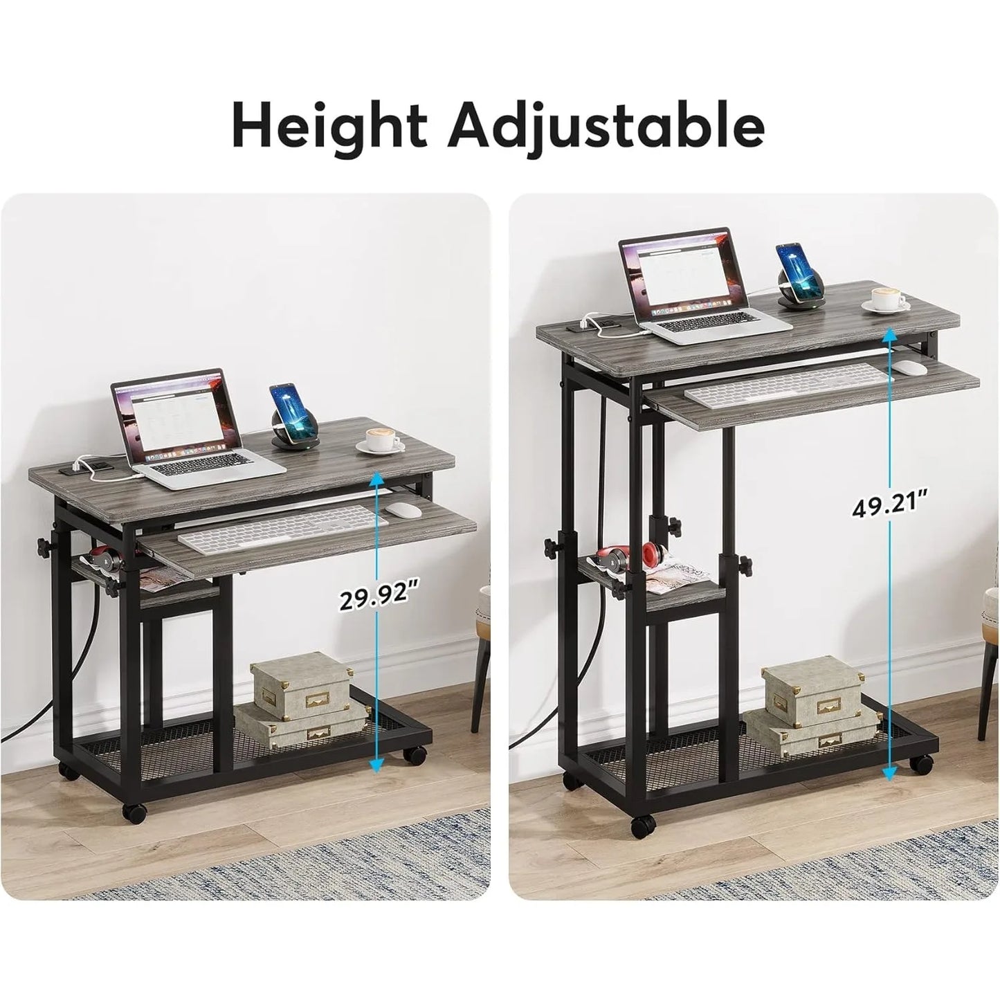Small Portable Desk with Power Outlet, Height Adjustable Sofa Couch Bedside Laptop Table with Wheels,