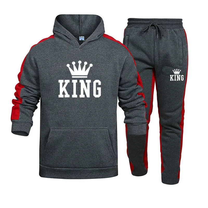 King Mens Tracksuit Print Hooded Sweatshirt+Sweatpants 2 Piece Set Fashion Casual HighQuality Jogging Sports Trend Outfits S-4XL