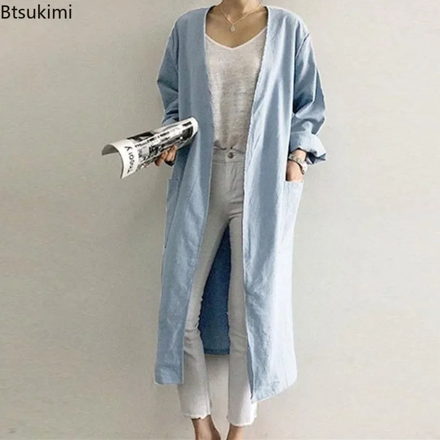 New 2025 Women's Simple Temperament Cardigan Solid Long Trench Coats Fashion Casual V-neck Kimono Tops Women Long Jackets Robe