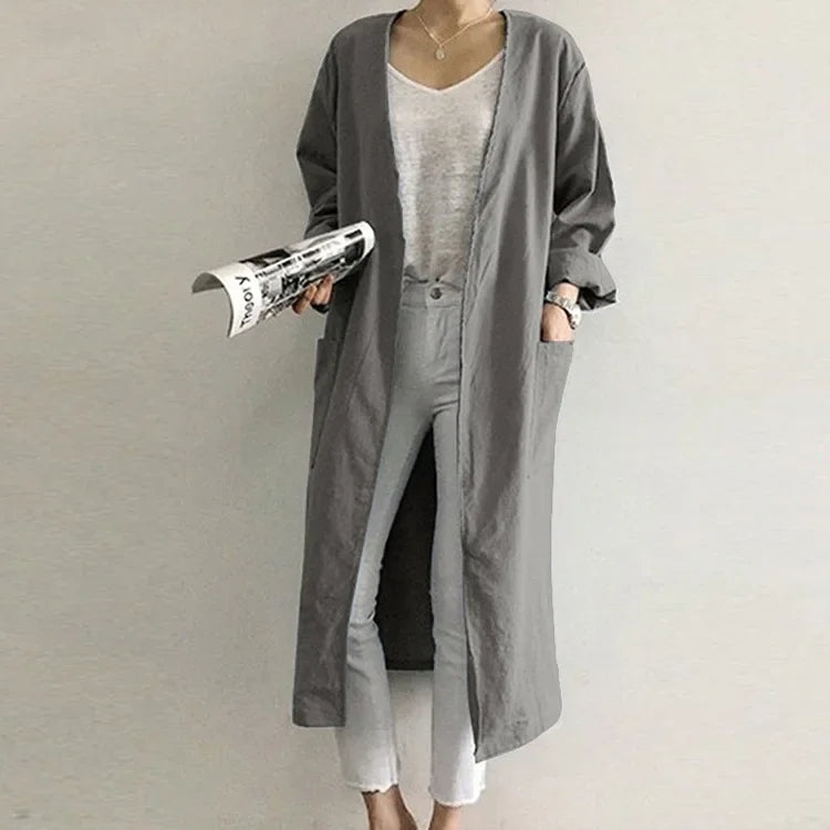 New 2025 Women's Simple Temperament Cardigan Solid Long Trench Coats Fashion Casual V-neck Kimono Tops Women Long Jackets Robe