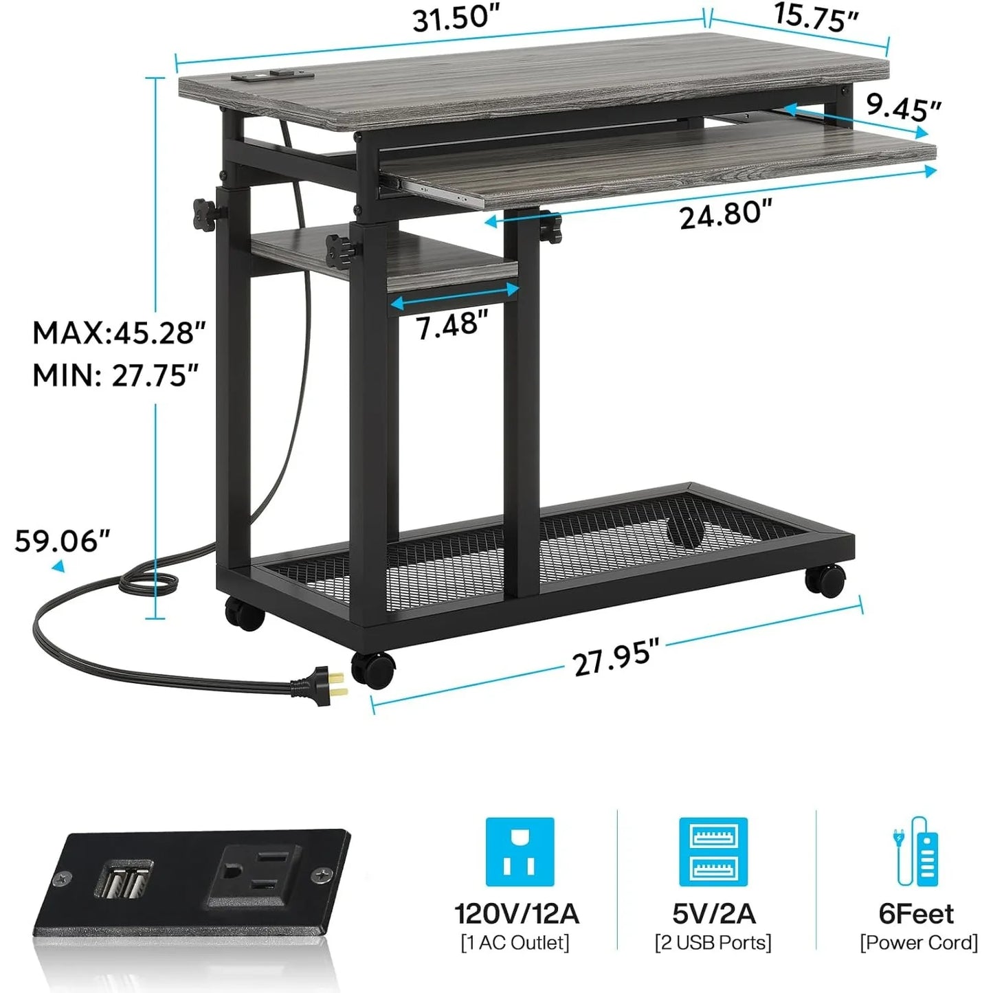 Small Portable Desk with Power Outlet, Height Adjustable Sofa Couch Bedside Laptop Table with Wheels,