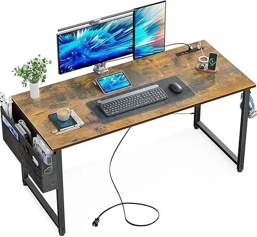 Small Desk with Power Outlets and USB Port Computer Desk for Home Office Gaming Simple Modern Style Writing Desks with Storage