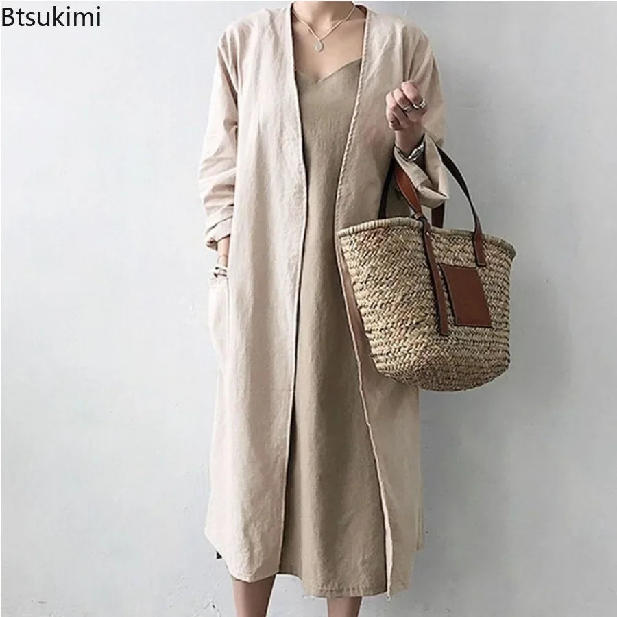 New 2025 Women's Simple Temperament Cardigan Solid Long Trench Coats Fashion Casual V-neck Kimono Tops Women Long Jackets Robe