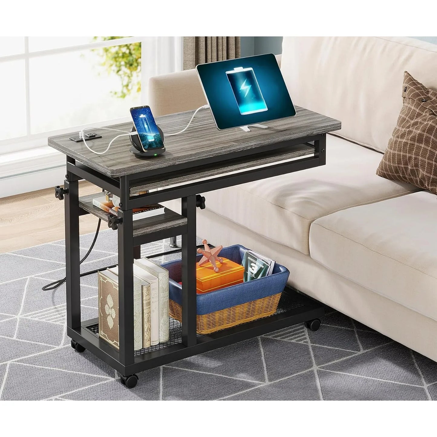 Small Portable Desk with Power Outlet, Height Adjustable Sofa Couch Bedside Laptop Table with Wheels,