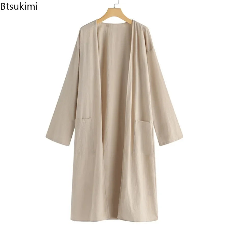 New 2025 Women's Simple Temperament Cardigan Solid Long Trench Coats Fashion Casual V-neck Kimono Tops Women Long Jackets Robe
