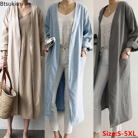 New 2025 Women's Simple Temperament Cardigan Solid Long Trench Coats Fashion Casual V-neck Kimono Tops Women Long Jackets Robe